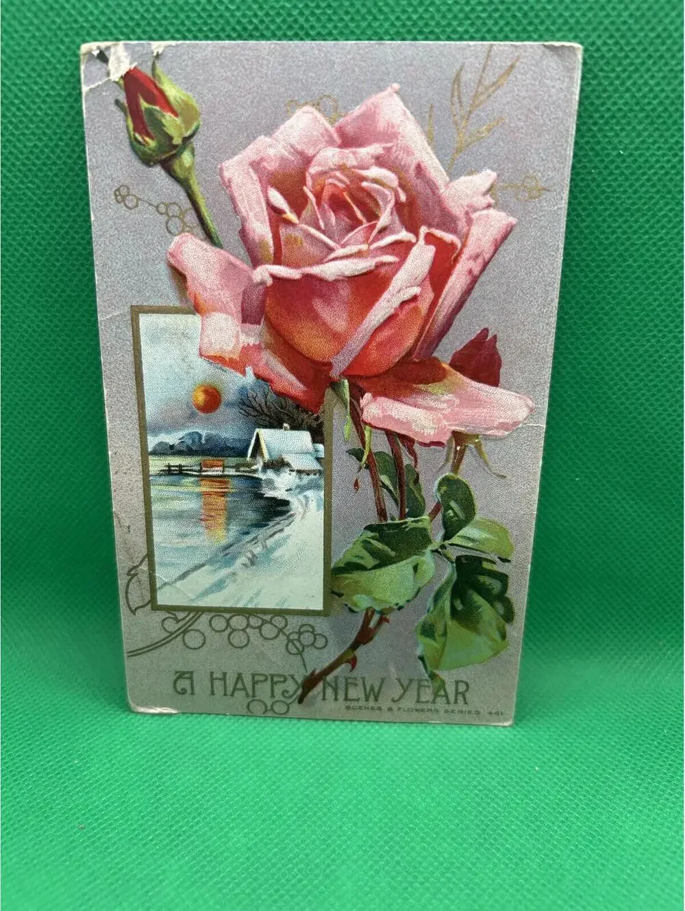 Vintage A Happy New Year Postcard with Pink Rose and Winter Scene - Box1
